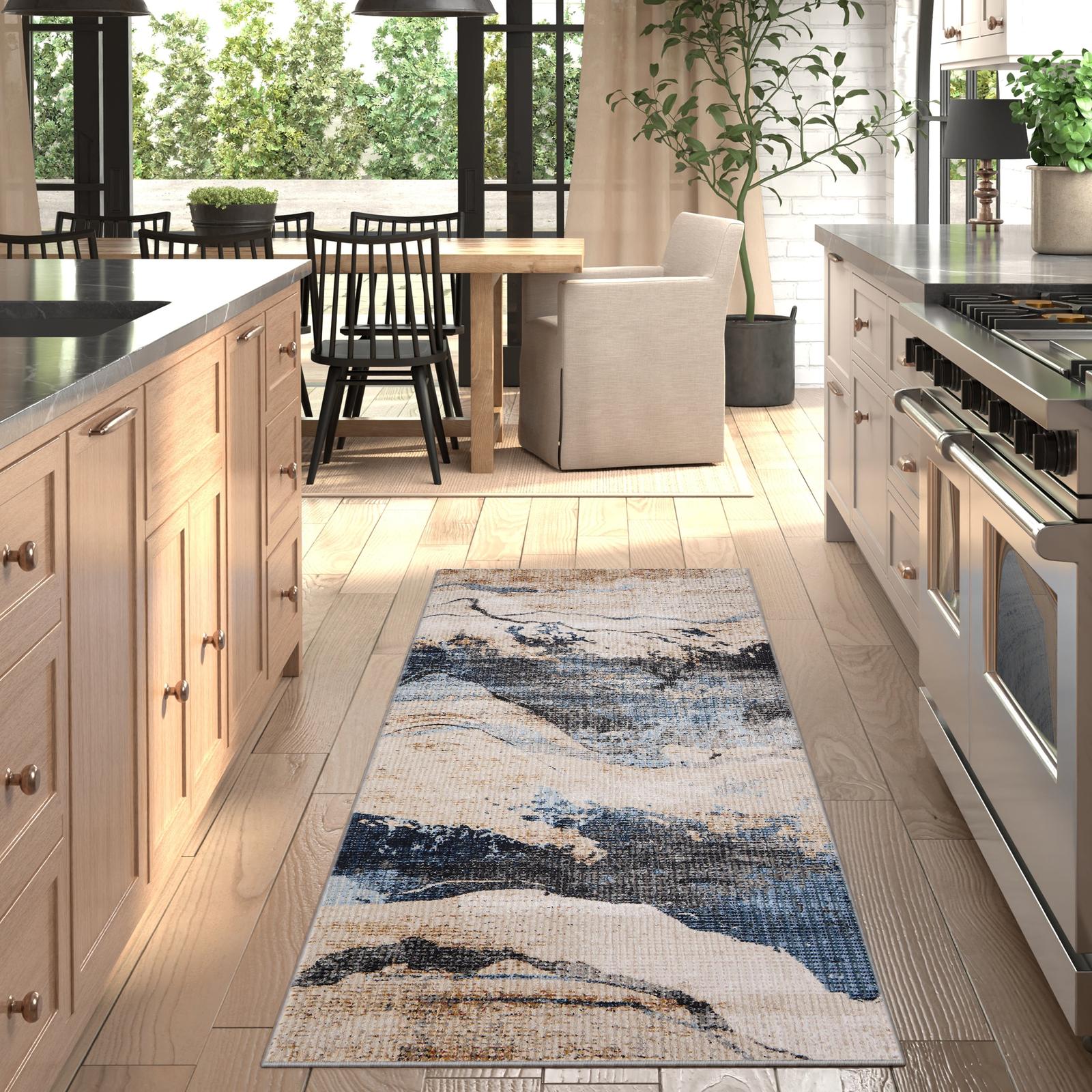 Feizy Sonora 39NWF Modern Abstract Rug in Tan/Blue/Gray