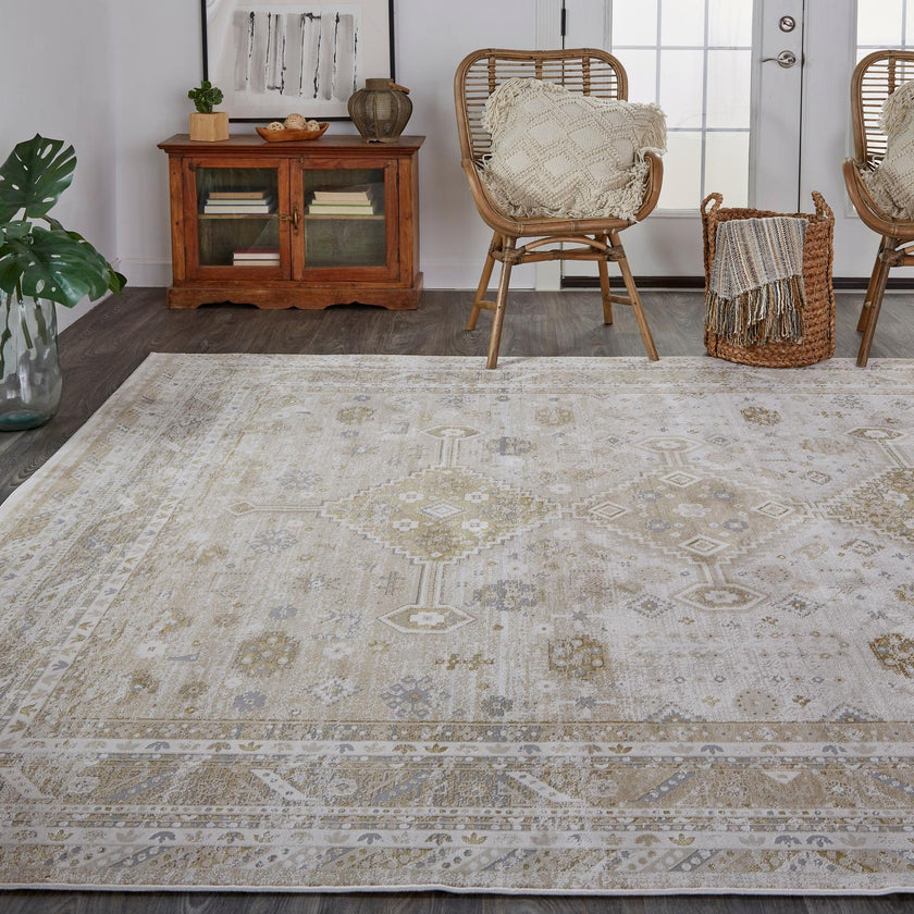 Feizy Aura 3738F Modern Persian Rug in Gold/Ivory