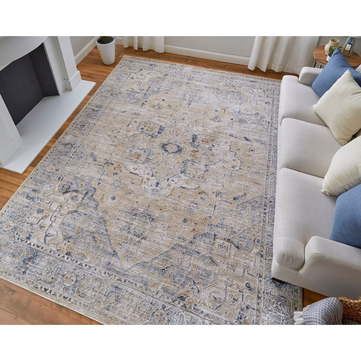 Feizy Pasha 39M5F Transitional Medallion in Ivory/Taupe/Blue