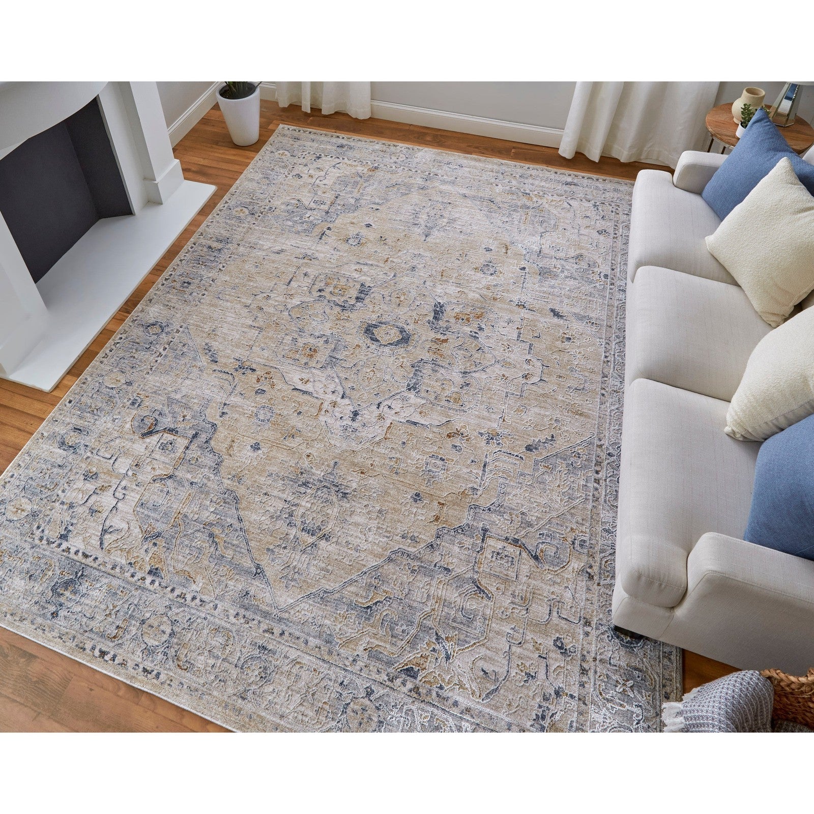 Feizy Pasha 39M5F Transitional Medallion in Ivory/Taupe/Blue