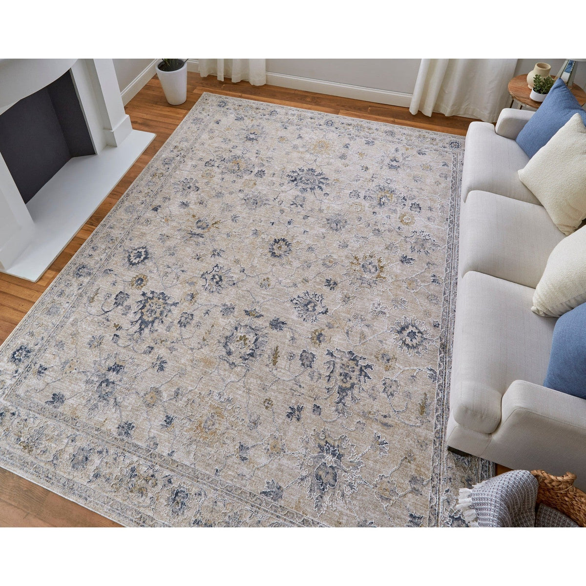 Feizy Pasha 39M7F Transitional Floral & Botanical in Ivory/Taupe/Blue