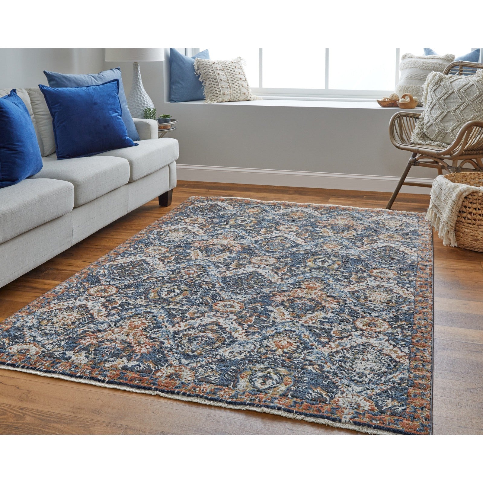 Feizy Kaia 39HRF Transitional Floral & Botanical in Blue/Orange/Ivory