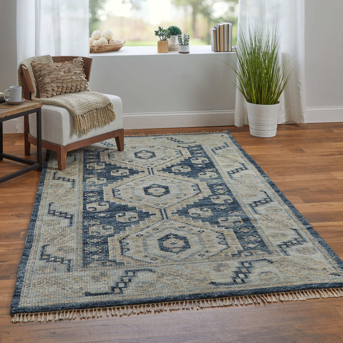 Feizy Fillmore 6943F Traditional Diamond Rug in Blue/Ivory