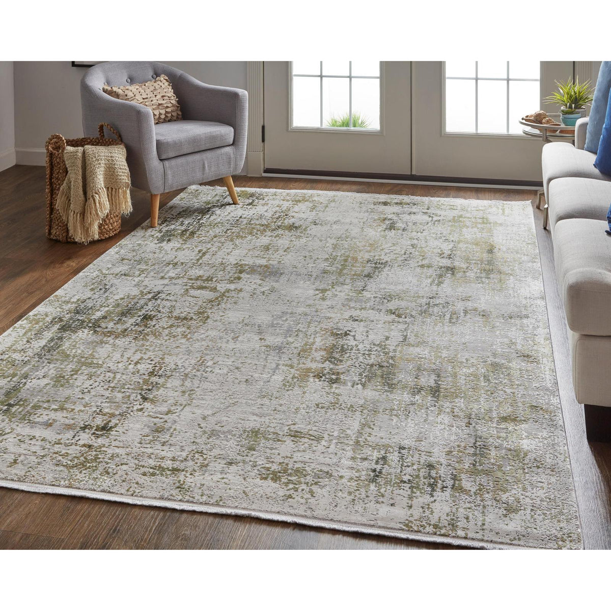 Feizy Cadiz 39FXF Modern Abstract Rug in Green/Gray/Ivory