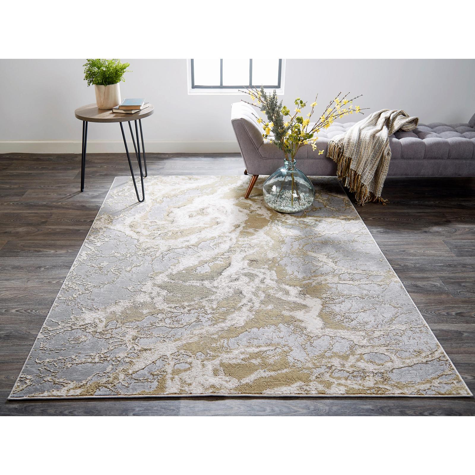 Feizy Aura 3563F Modern Abstract Rug in Ivory/Silver/Gold