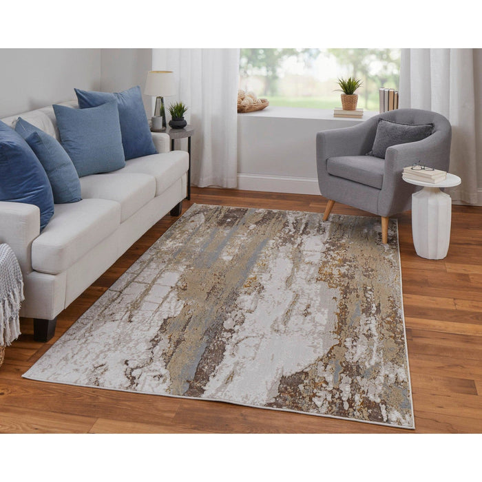 Feizy Aura 39LMF Modern Abstract Rug in Ivory/Gold/Brown