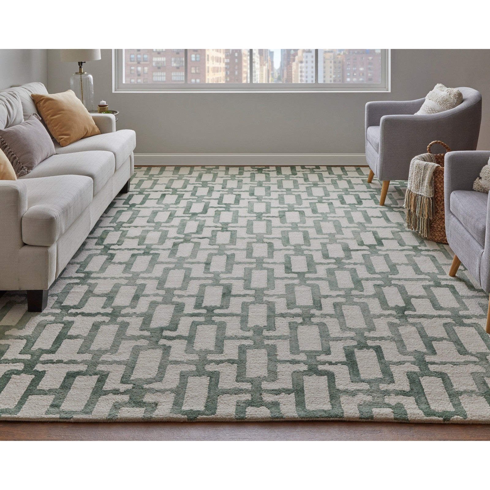 Feizy Lorrain 8919F Modern Geometric Rug in Ivory/Green