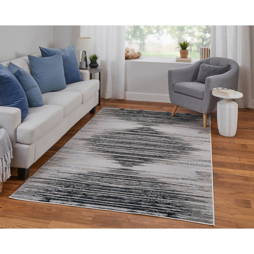 Feizy Micah 39LRF Modern Diamond Rug in Black/Silver/Taupe