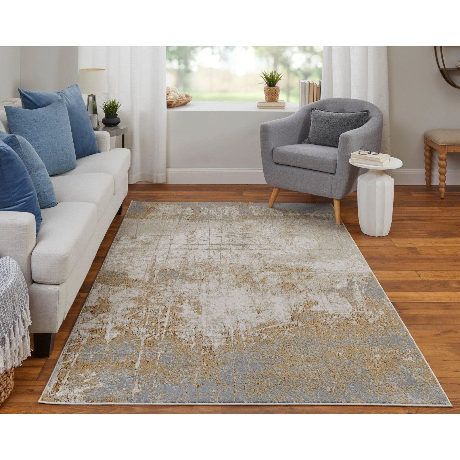Feizy Aura 39LNF Modern Abstract Rug in Ivory/Brown/Gray