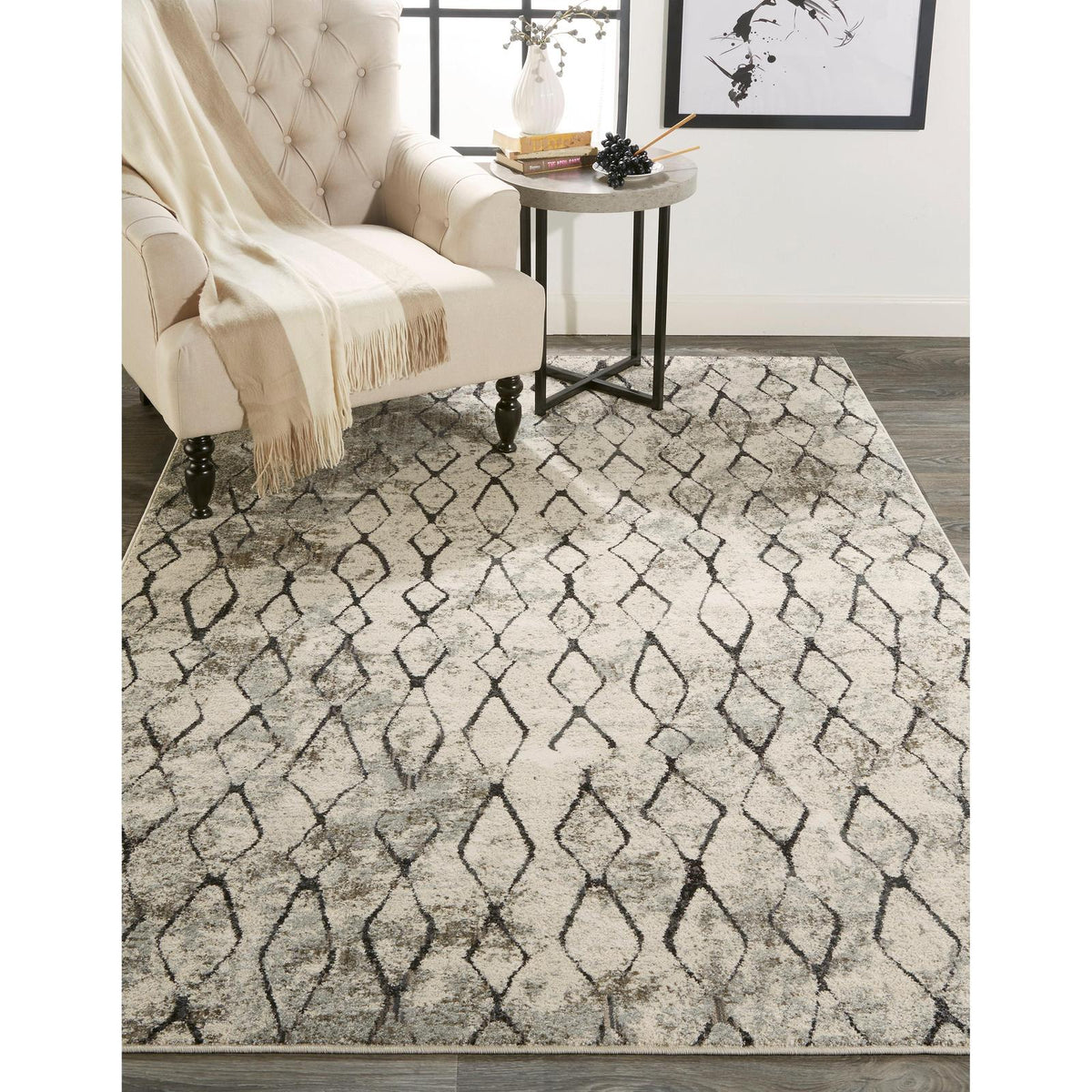 Feizy Kano 3872F Transitional Diamond Rug in Ivory/Gray/Taupe