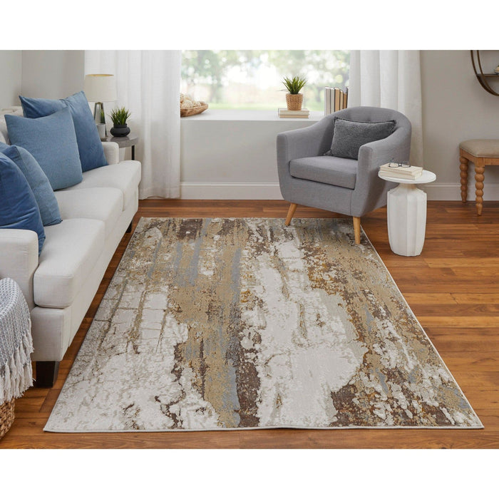 Feizy Aura 39LMF Modern Abstract Rug in Ivory/Gold/Brown