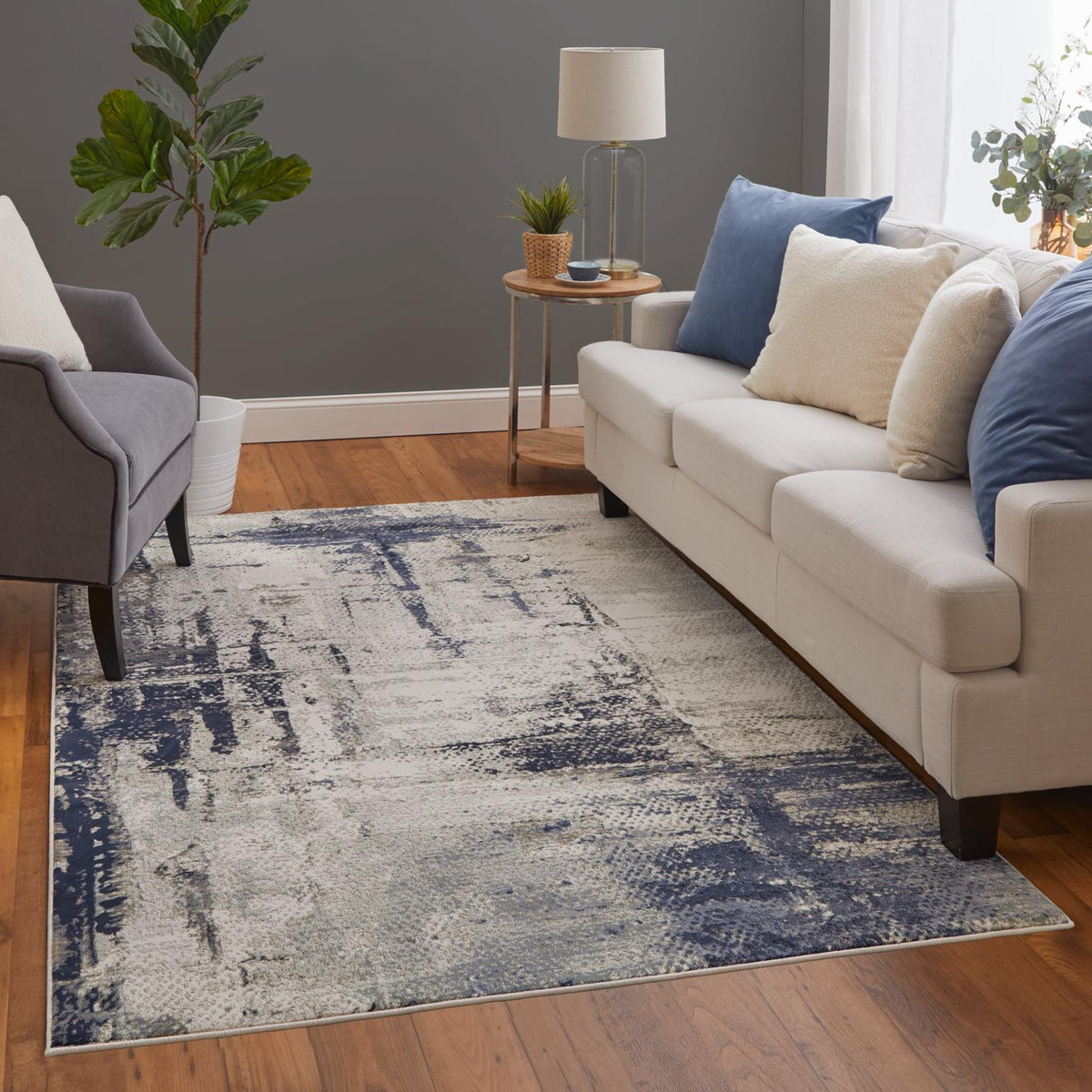 Feizy Mandana 39LZF Modern Abstract Rug in Ivory/Blue