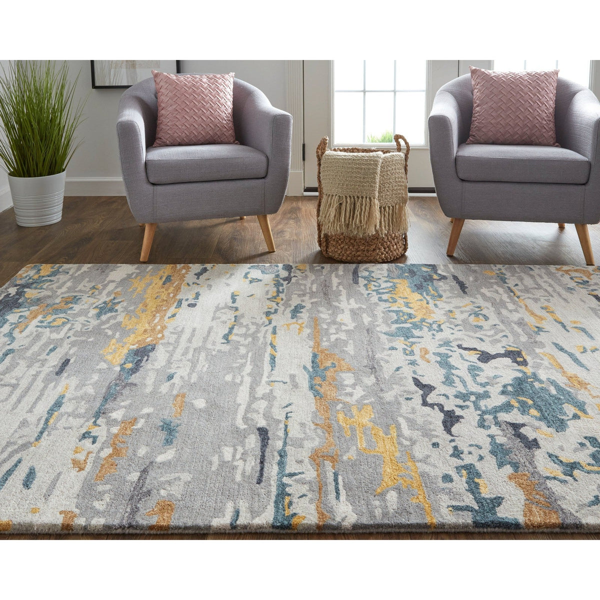 Feizy Everley 8644F Modern Abstract in Gray/Yellow/Blue
