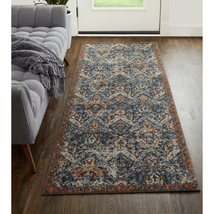 Feizy Kaia 39HRF Transitional Floral & Botanical in Blue/Orange/Ivory