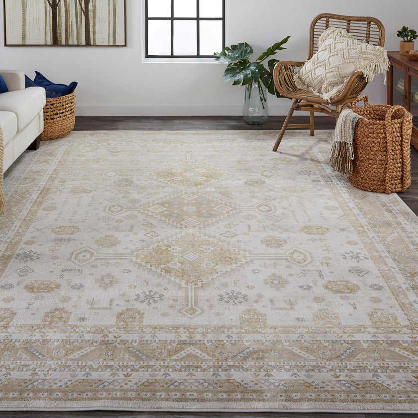 Feizy Aura 3738F Modern Persian Rug in Gold/Ivory