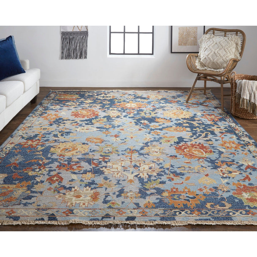 Feizy Leylan 0587F Transitional Floral & Botanical in Blue/Orange/Red