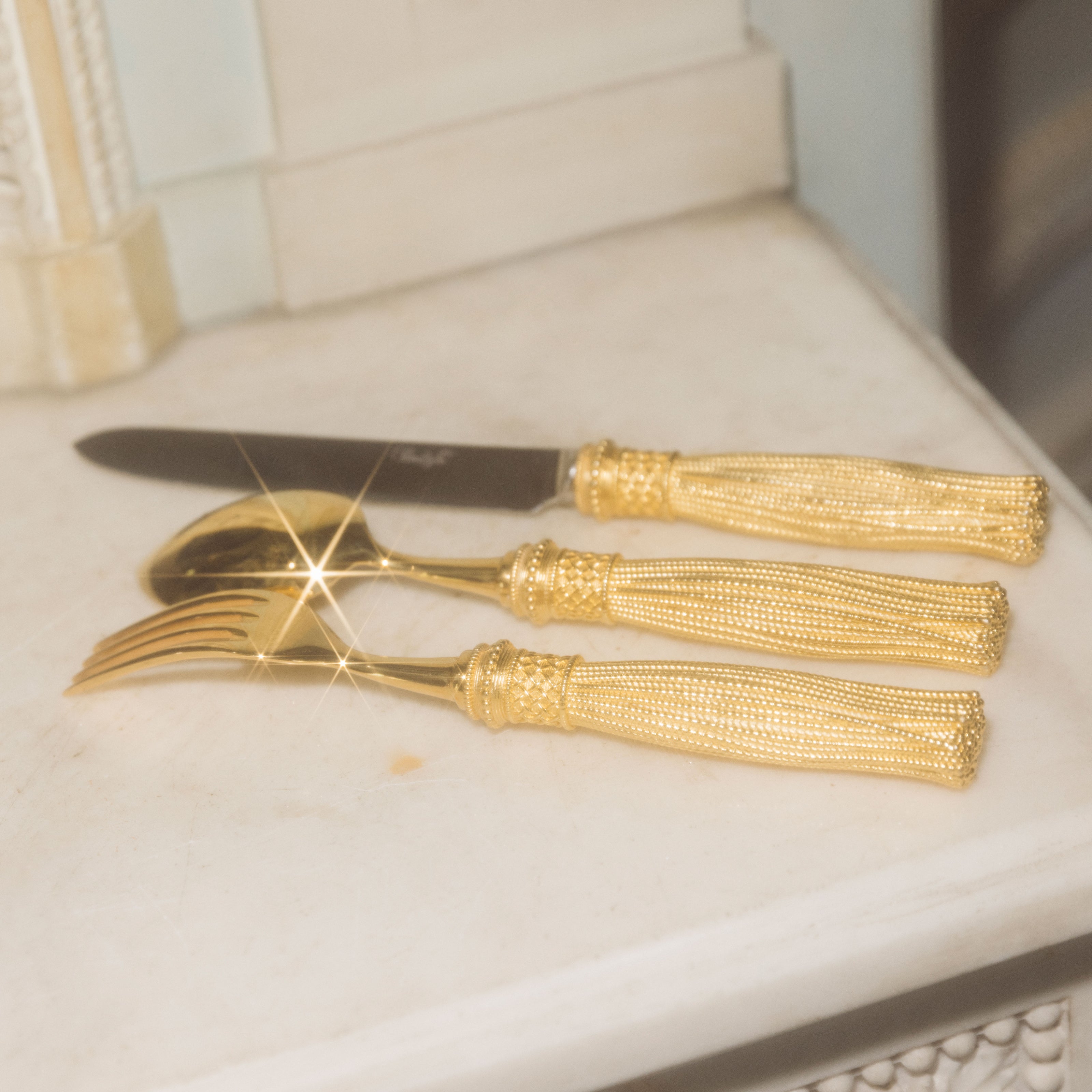 Christofle Pompon Silver Plated Gilded 4-Piece Cutlery Set