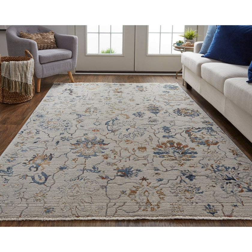 Feizy Kaia 39GPF Transitional Floral & Botanical in Ivory/Orange/Blue