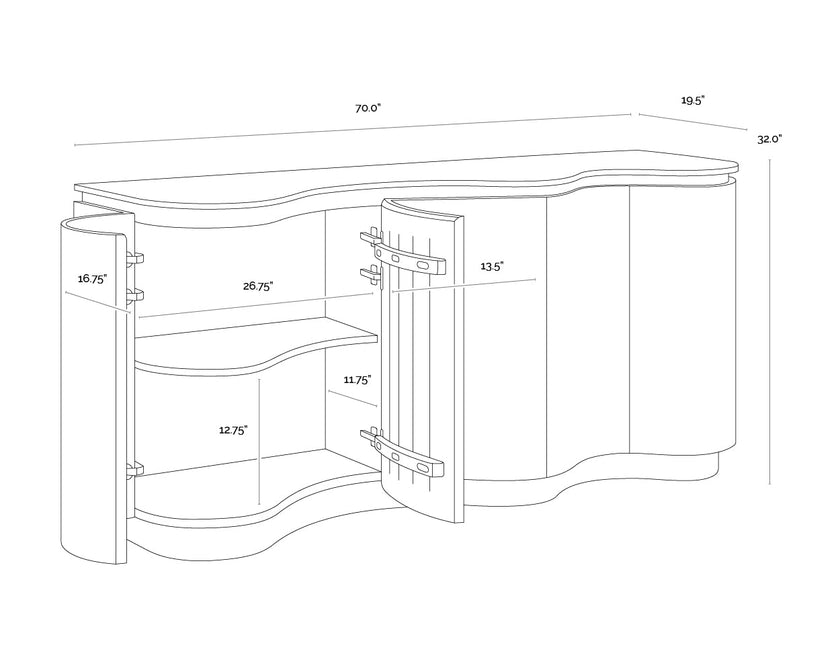 Sunpan Fable Sideboard 112360 manufacturer dimension drawing: 70 inches wide, 19.5 inches deep, 32 inches high, with interior shelf measurements