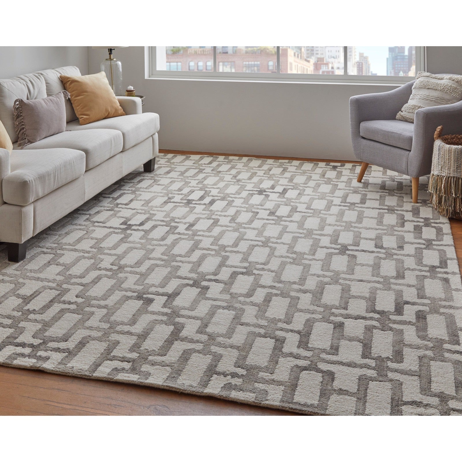Feizy Lorrain 8919F Modern Geometric Rug in Ivory/Taupe