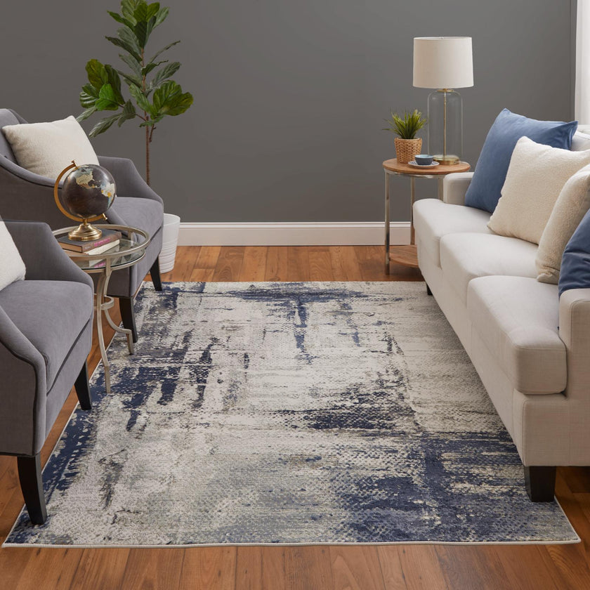 Feizy Mandana 39LZF Modern Abstract Rug in Ivory/Blue