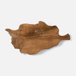 A carved wooden leaf-shaped tray with detailed grooves and a natural finish, showcasing organic beauty and craftsmanship.