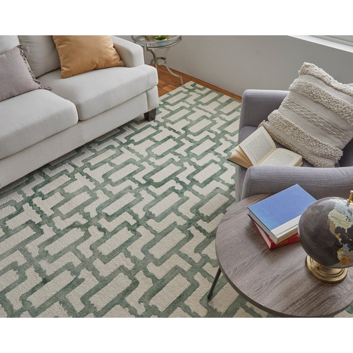 Feizy Lorrain 8919F Modern Geometric Rug in Ivory/Green