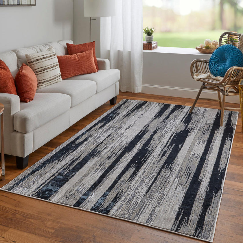 Feizy Micah 3338F Modern Abstract Rug in Black/Silver/Gray