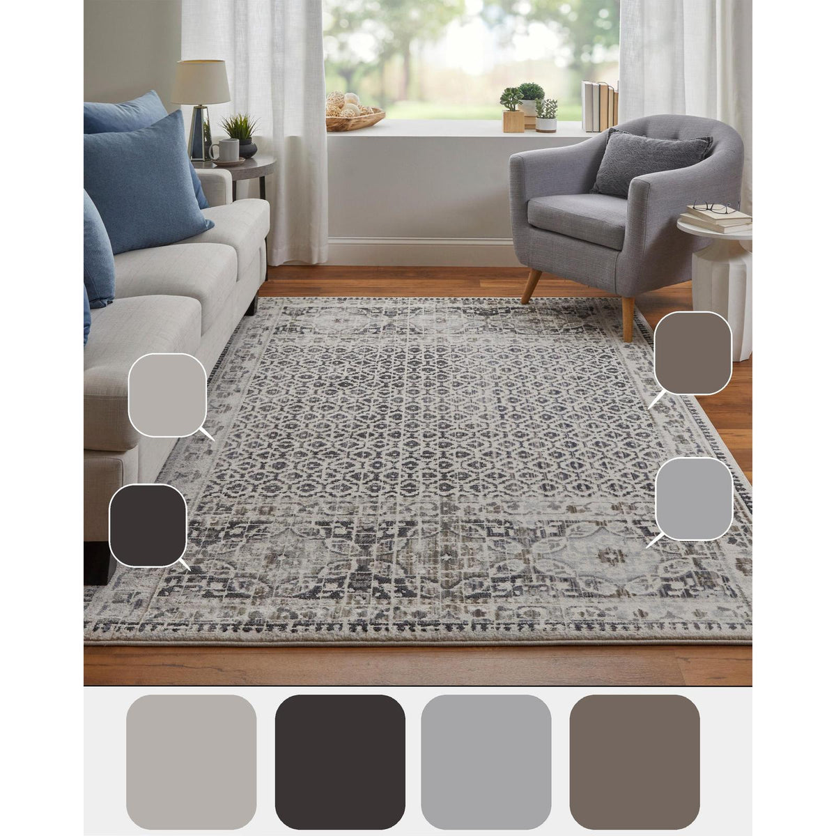 Feizy Kano 3874F Transitional Distressed Rug in Ivory/Taupe/Gray