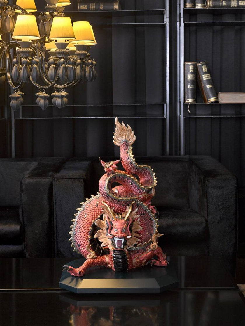 Lladro Protective Dragon Sculpture Golden Luster and Red - Limited Edition
