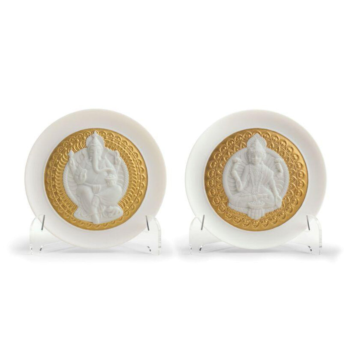 Lladro Goddes Lakshmi and Lord Ganesha Decorative Plates Set Golden Lustre