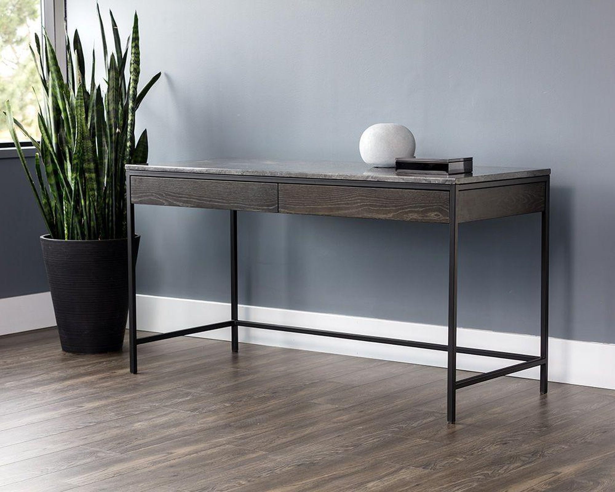 Sunpan Stamos Desk - Black - Light Grey Marble / Charcoal Grey