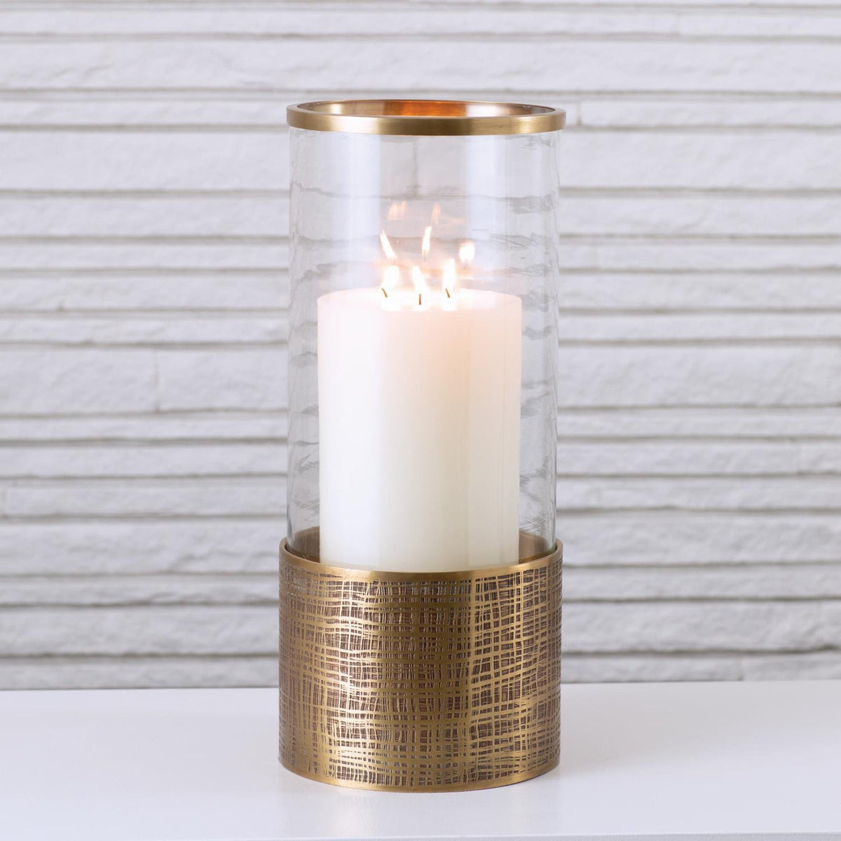 Global Views Antique Brass Plaid Etched Glass Hurricane