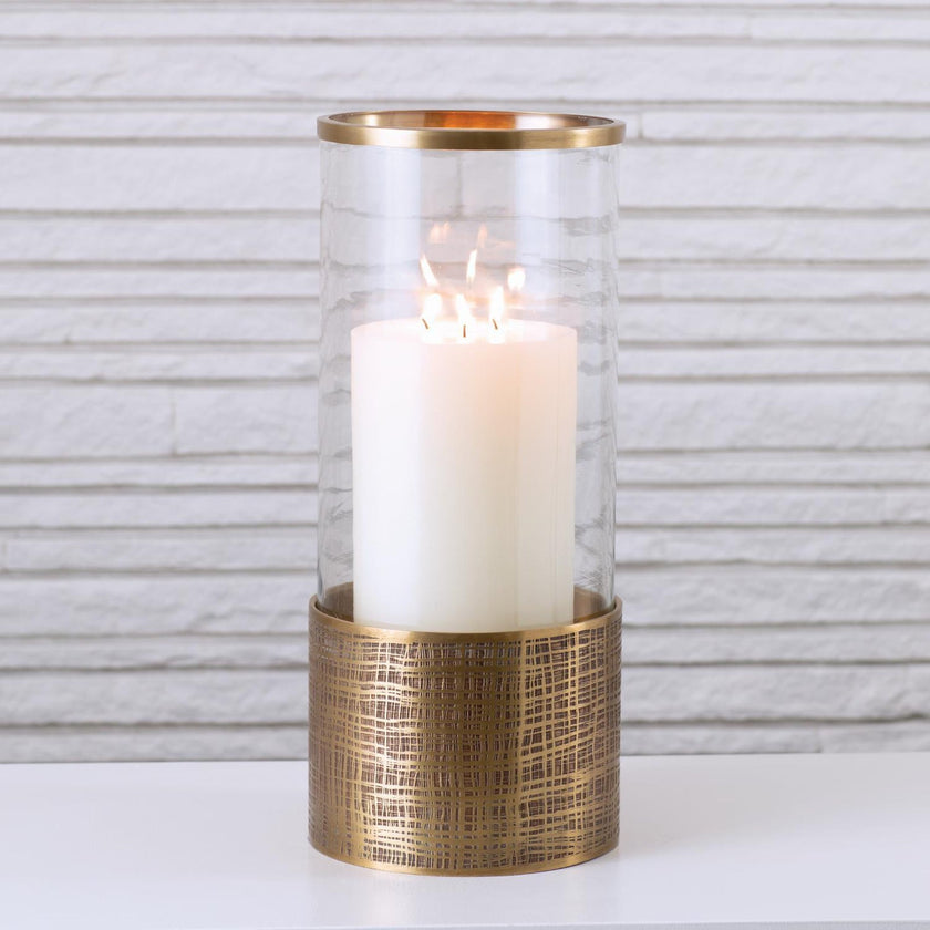 Global Views Antique Brass Plaid Etched Glass Hurricane