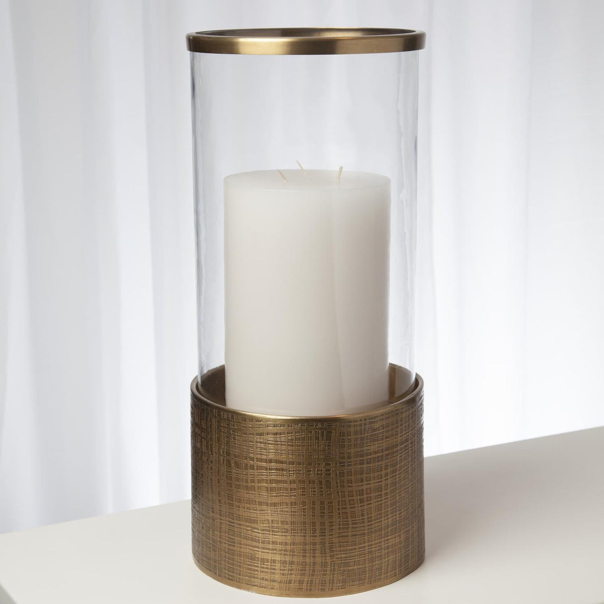 Global Views Antique Brass Plaid Etched Glass Hurricane