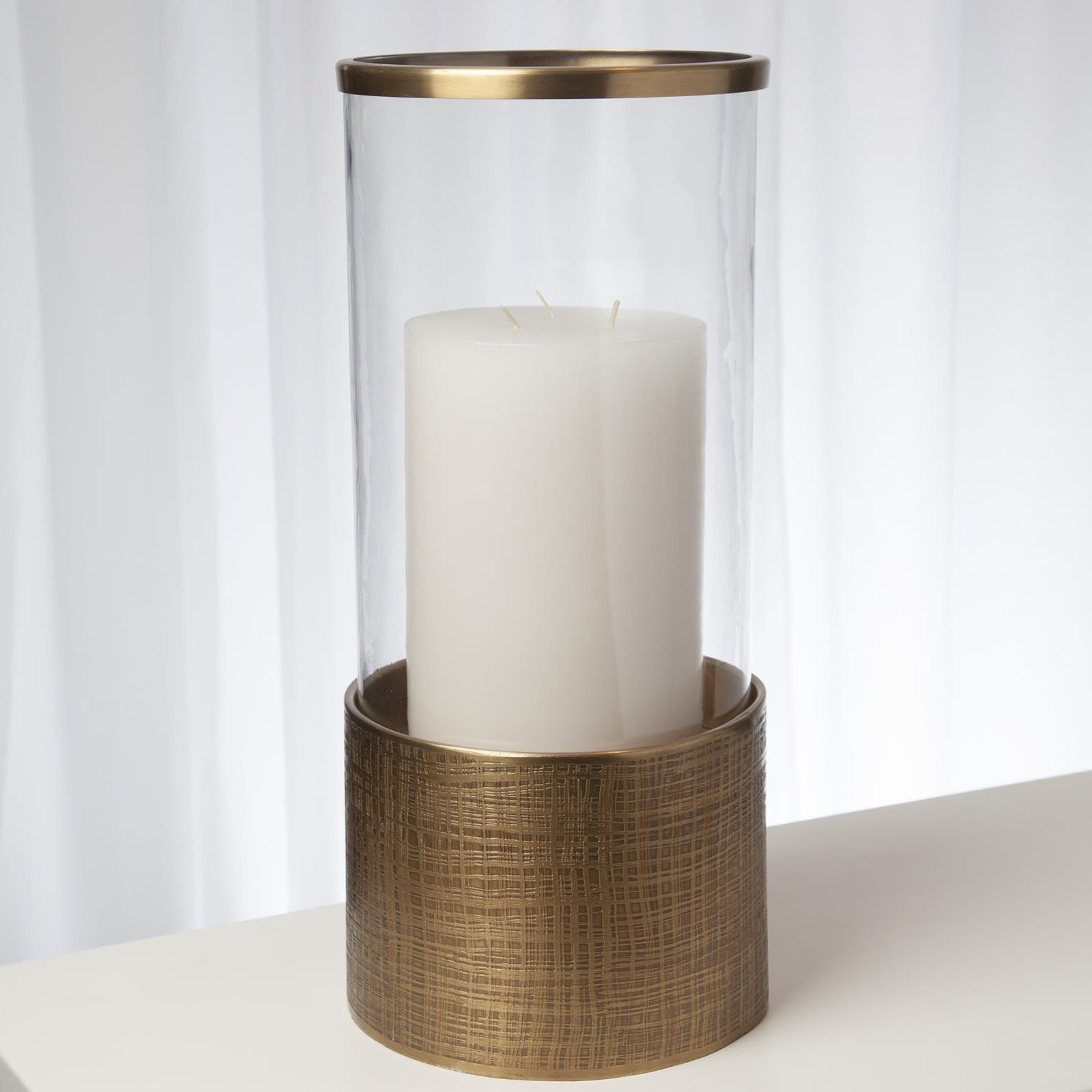 Global Views Plaid Etched Glass Hurricane-Antique Brass