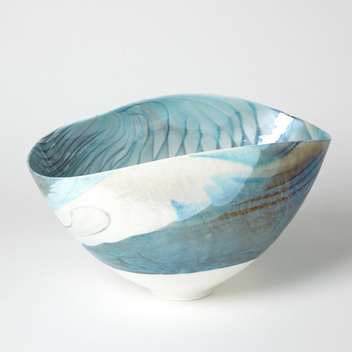 Global Views Ivory Turquoise Feather Swirl Oval Bowl