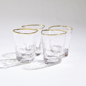 Global Views Hammered Clear Glasses with Gold Rim Set of 4