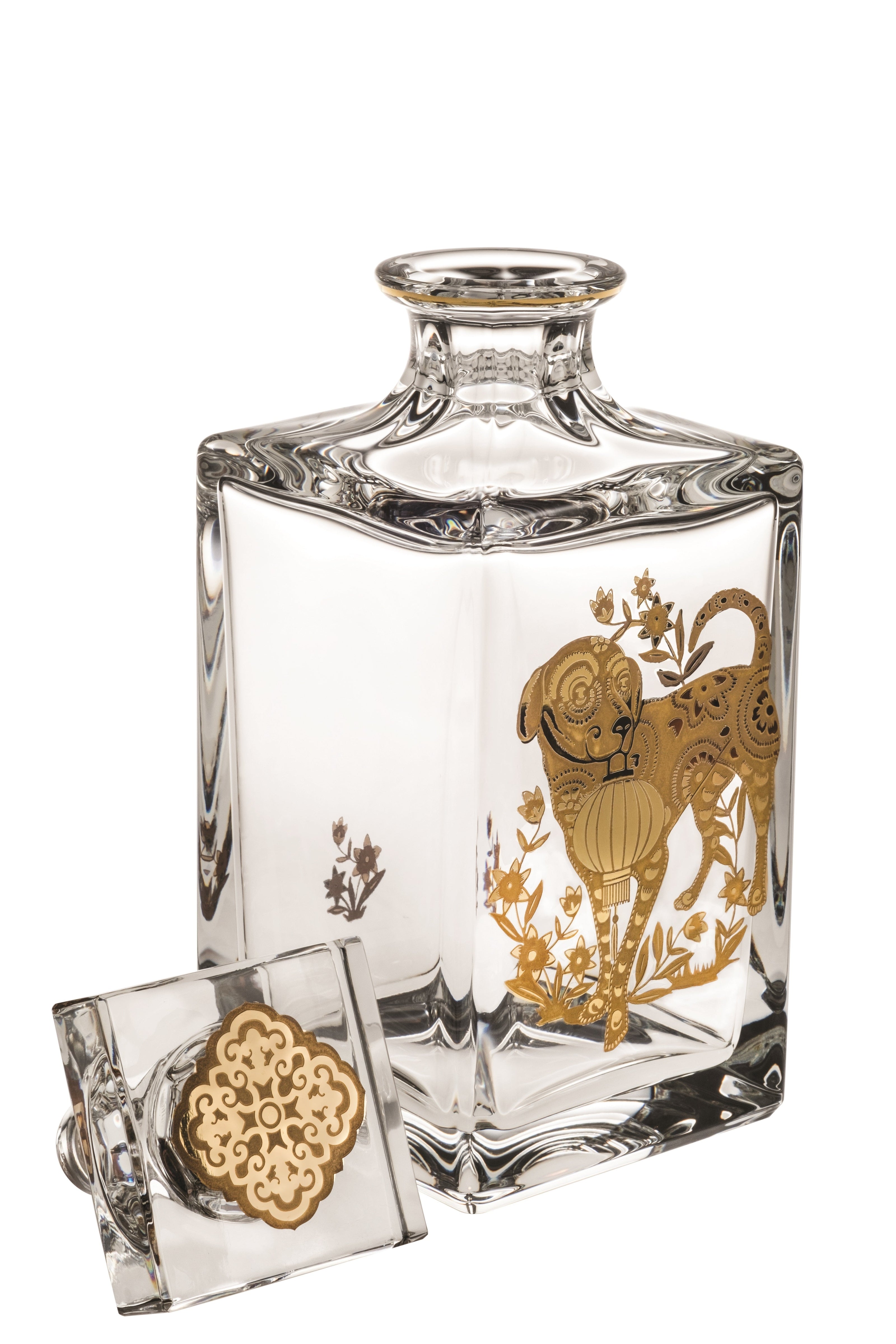 Vista Alegre Golden Whisky Decanter with Gold Dog