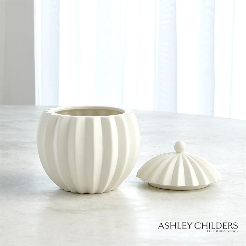Global Views Matte White Spicchi Line Bowl with Lid