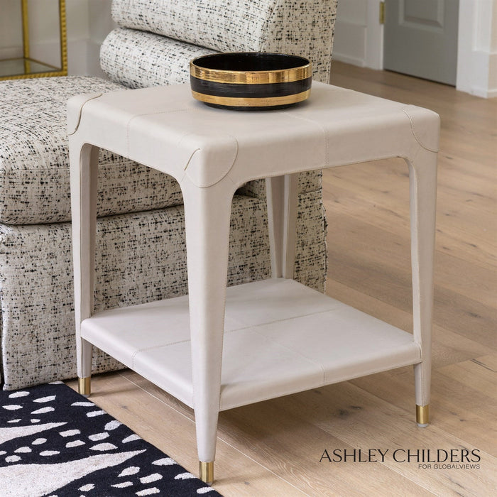 Global Views Tiburtina End Table in Mist Leather by Ashley Childers