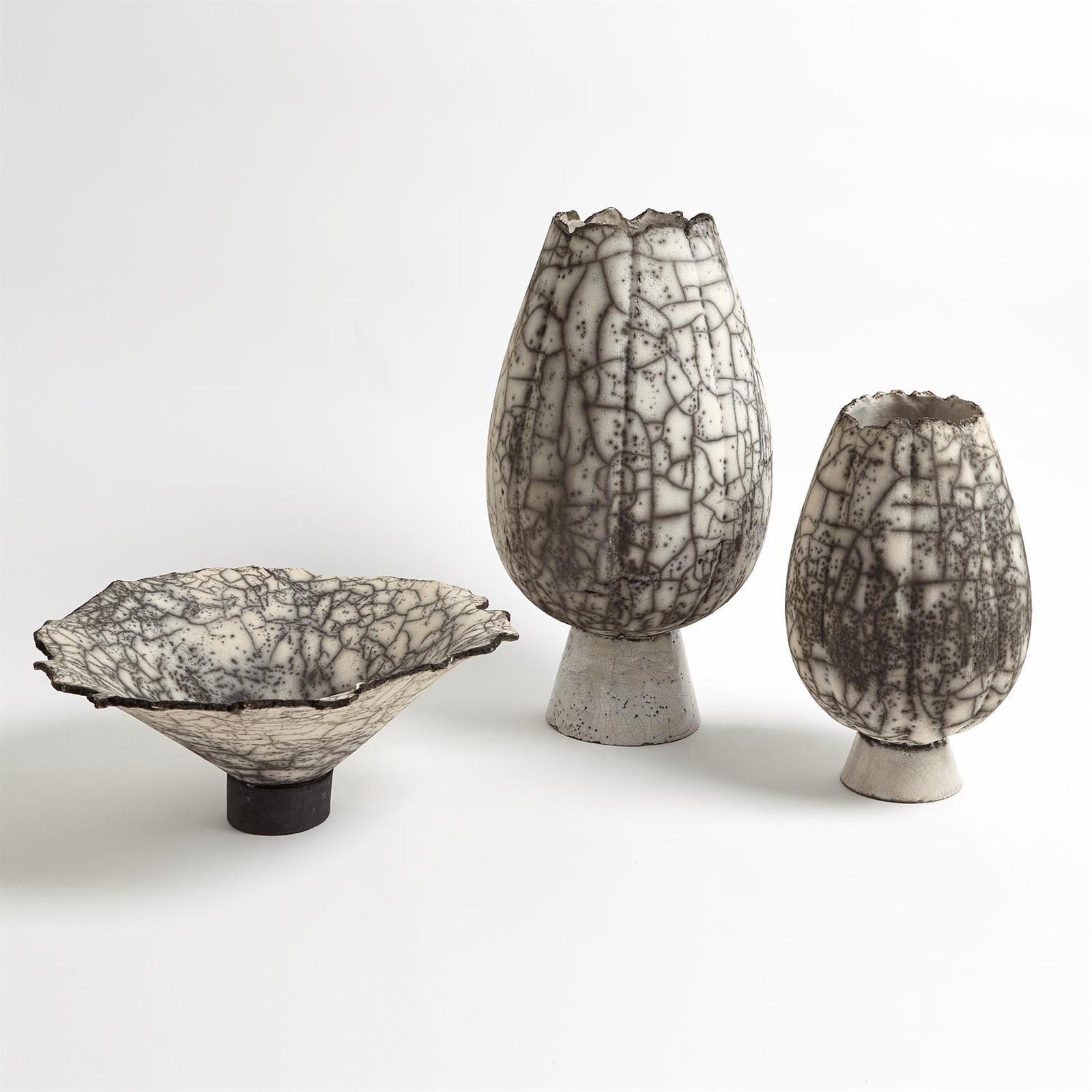 Global Views Black Raku Crackled Footed Bowl