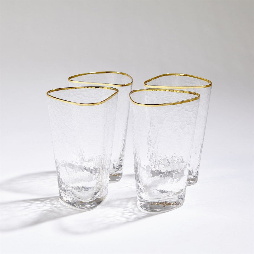 Global Views Hammered Clear Glasses with Gold Rim Set of 4