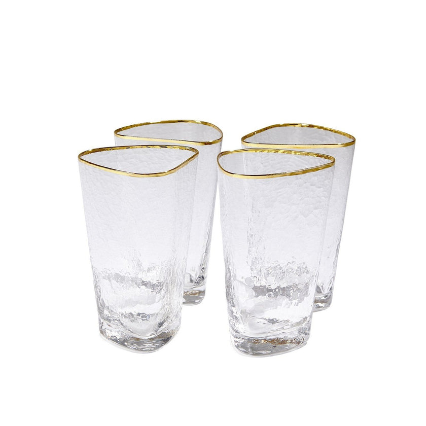 Global Views Hammered Clear Glasses with Gold Rim Set of 4