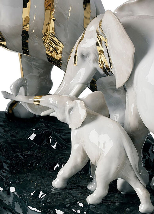 Lladro Celebration Elephants on Black Rock Figurine