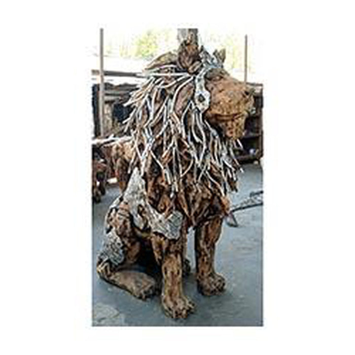 Michael Amini Wood Cratfed Large Sitting Lion w/ Aluminum