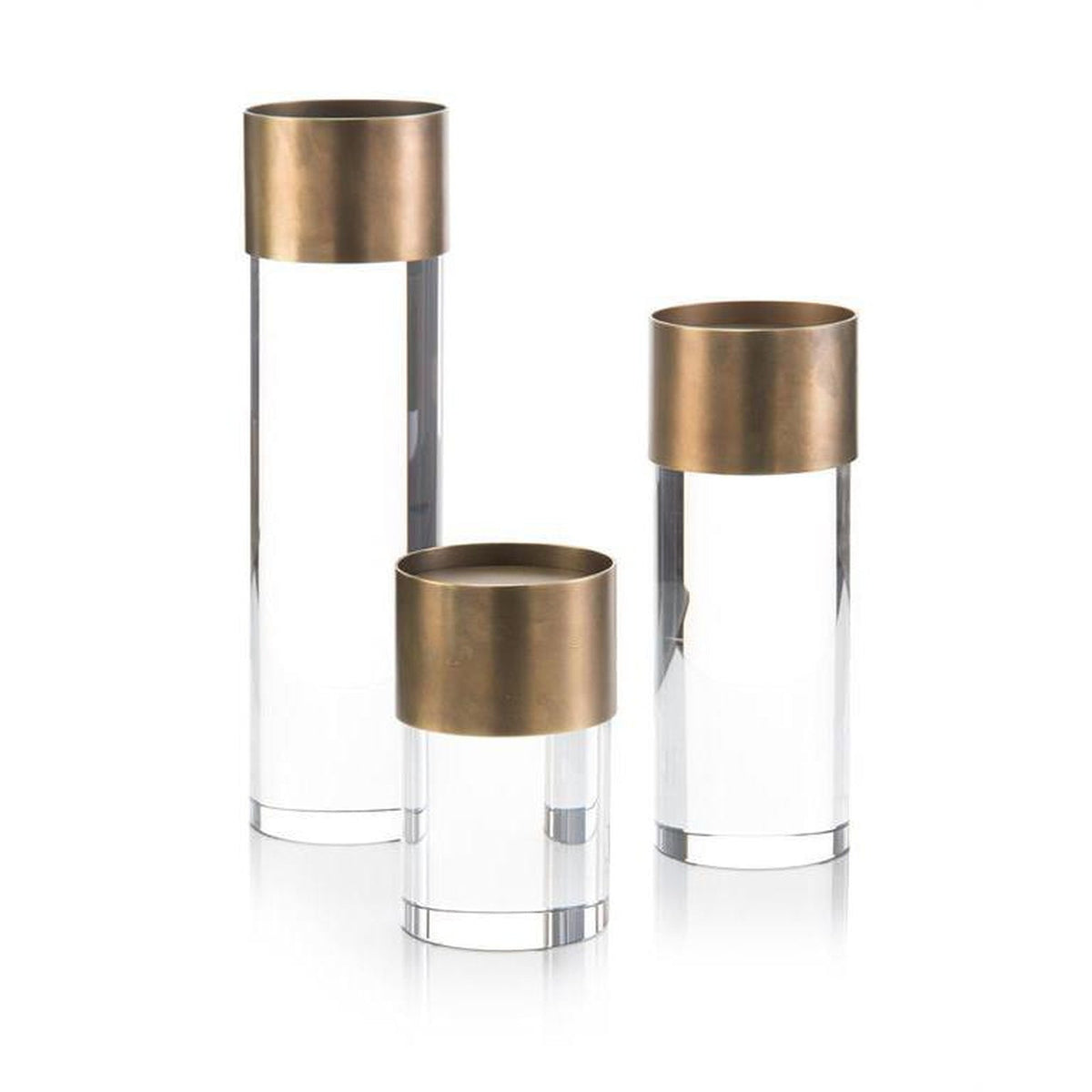 John Richard Decor Set of Three Crystal and Antique Brass Candleholders
