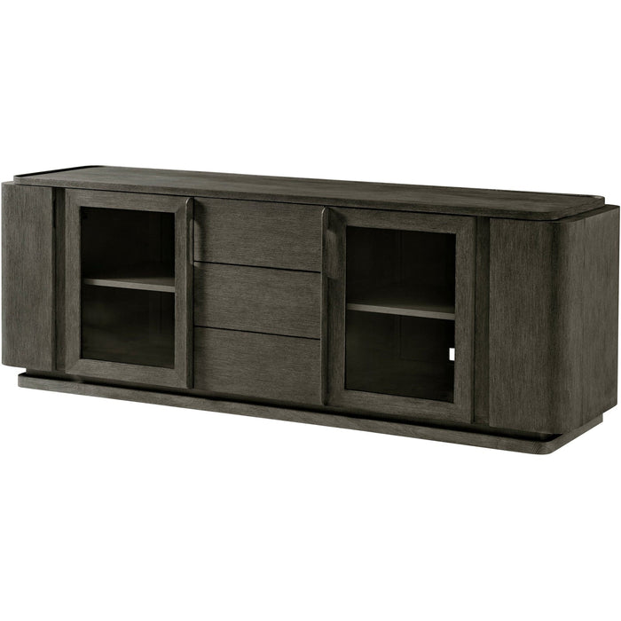 Theodore Alexander Repose Glass Door Media Console With Drawers and Side Storage