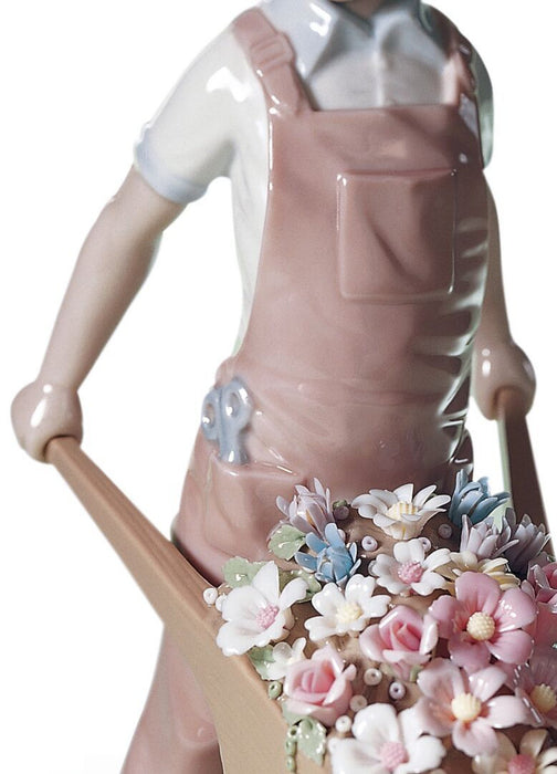 Lladro Wheelbarrow with Flowers Boy Figurine