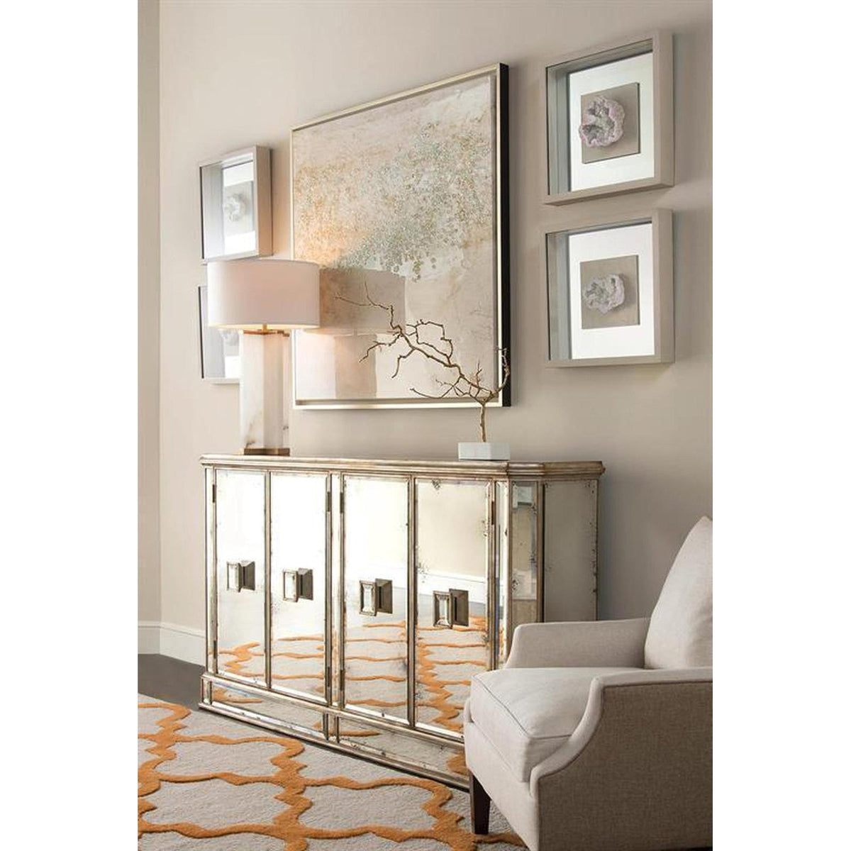 John Richard Juno Foxed Mirror Four Door Credenza